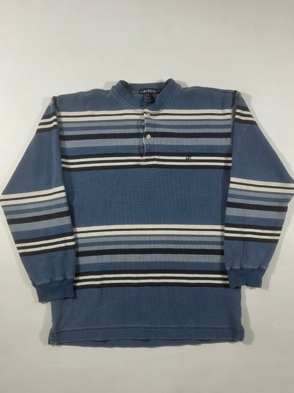 Vintage 90s Nautica Blue Striped Waffle Knit Henley Long Sleeve Shirt L